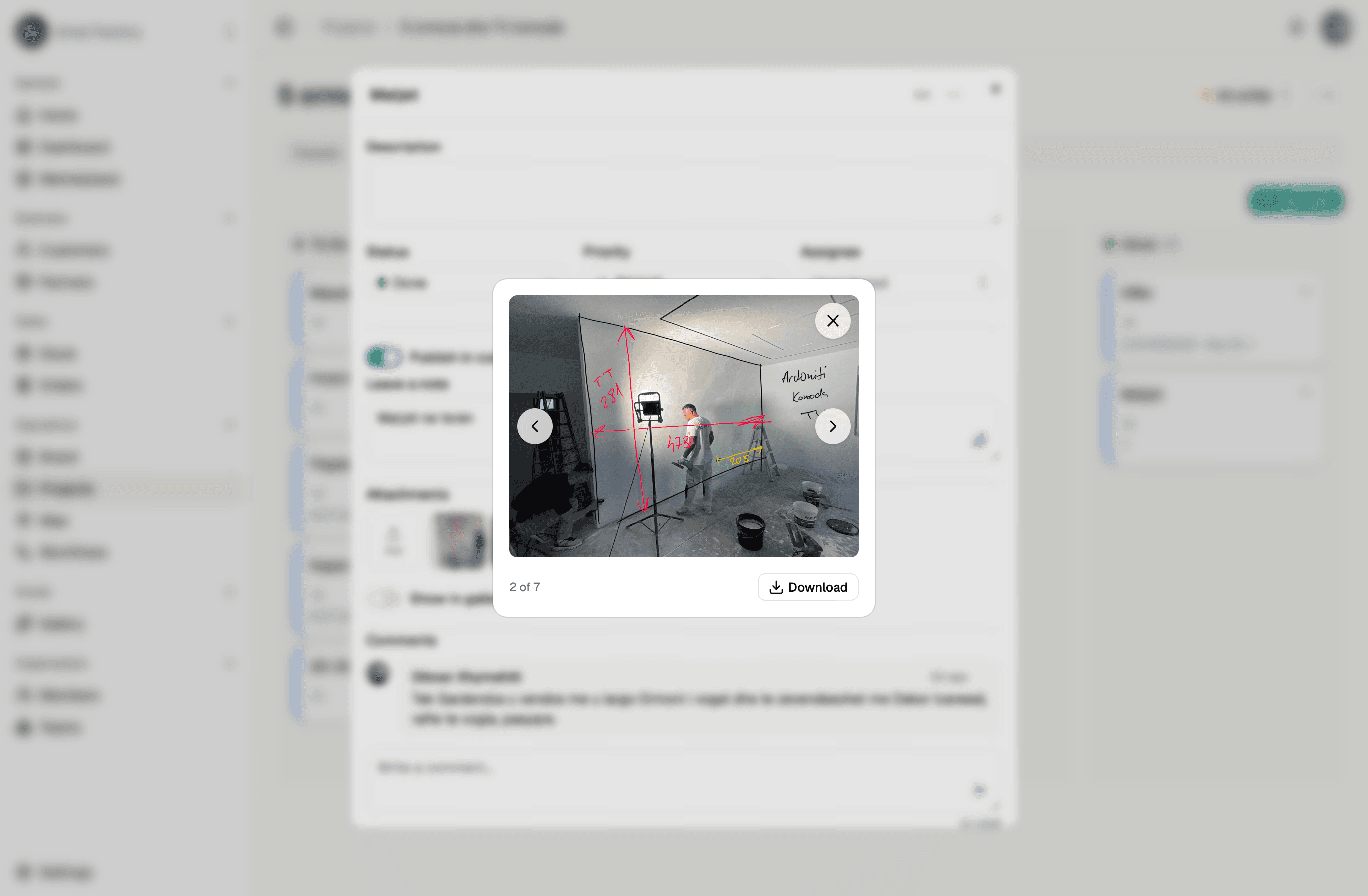 A worch task opened over the board, with a site photo and its measurements shown full-size.