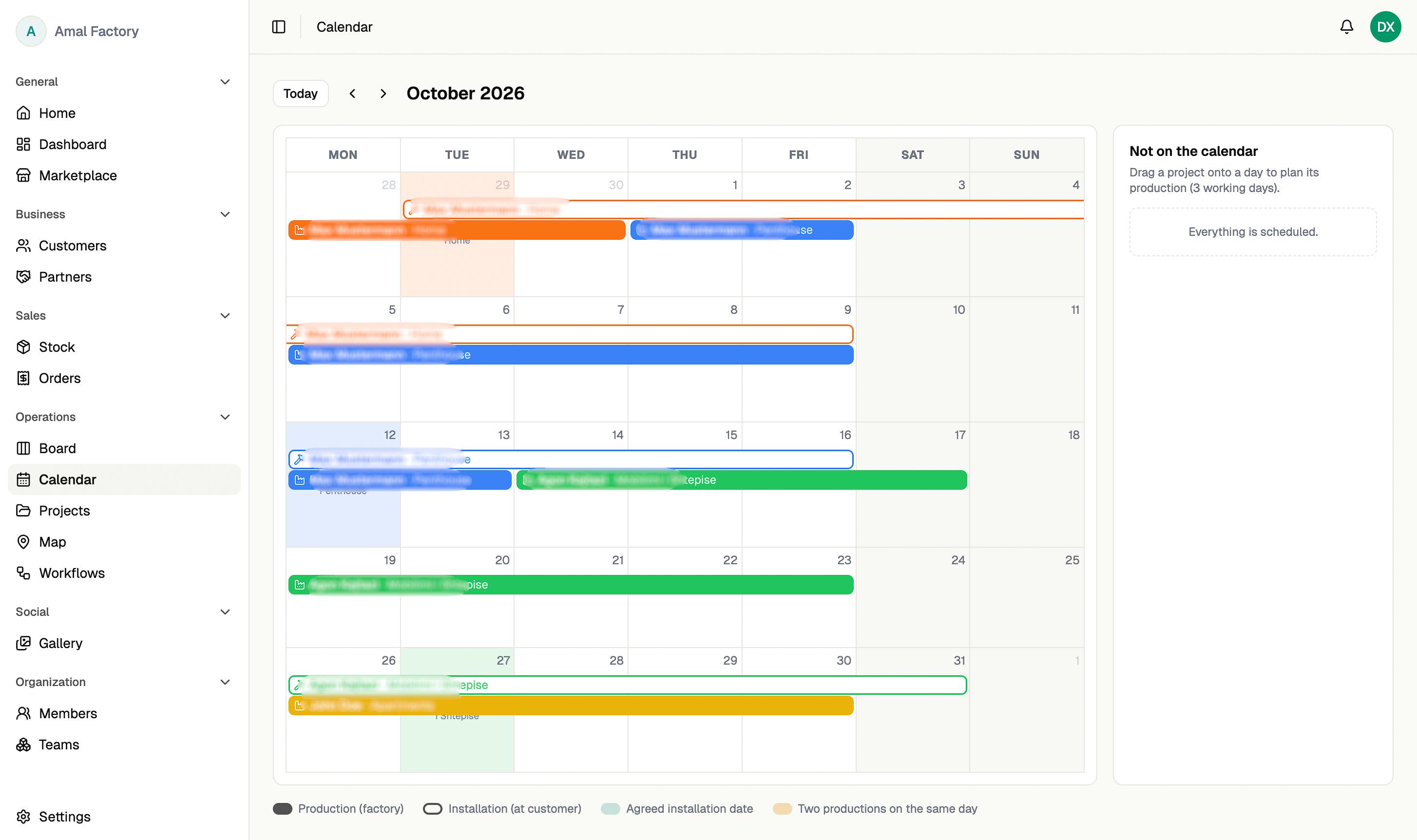 The worch calendar, with production and installation bars laid across a month.