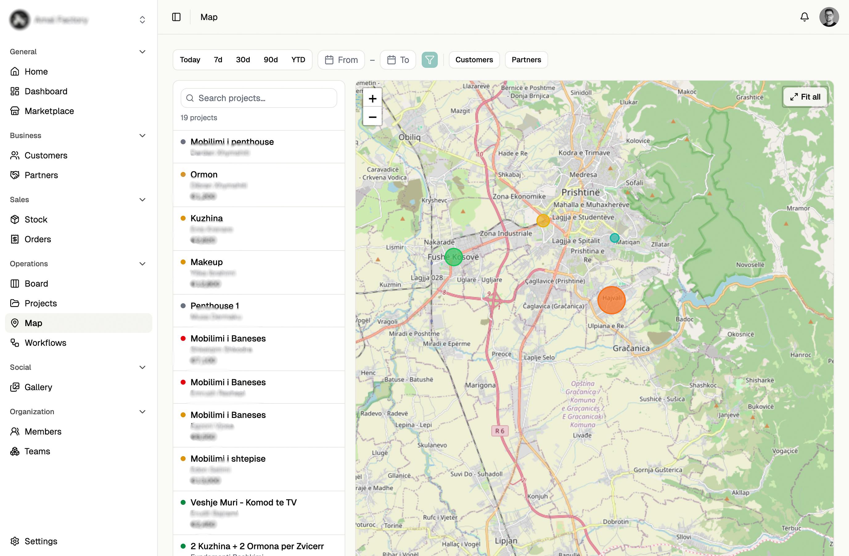 The worch map view, showing active projects pinned across a city beside a searchable project list.